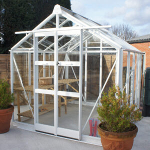Elite Titan 700 Greenhouse in White - Full Sheet Toughened Safety Glass with White Bar Capping. Elite Titan 700 Greenhouse in White - Full Sheet Toughened Safety Glass with White Bar Capping.
